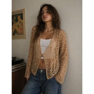 Vintage 90s Women's Gold Floral Lace Metallic Glitter Sheer Jacket Shrug-  14